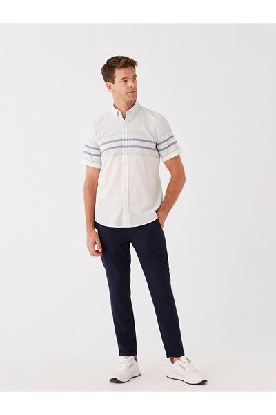 LC Waikiki Λευκό ανδρικό πουκάμισο με κοντό μανίκι με ρίγες κανονικής εφαρμογής