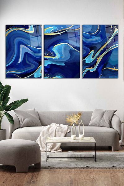Vosevu Set de pictură din sticlă cu model abstract de tranziție de aur albastru, decor modern pentru birou, cadou, decorare de perete