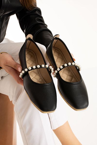 Moda Devrin Pantofi de balerină cu perle din piele neagră pentru acasă și în aer liber