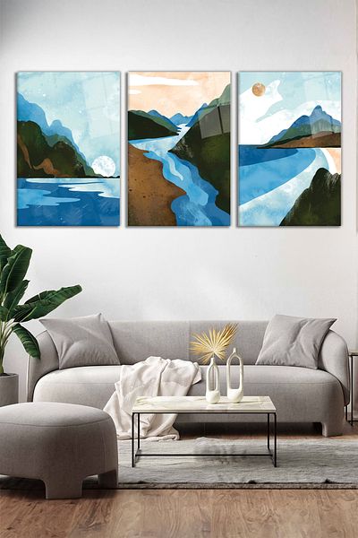 Vosevu Set de pictură pe sticlă din 3 piese cu peisaj marin de munte abstract, decor modern pentru biroul de acasă, decorare de perete cadou