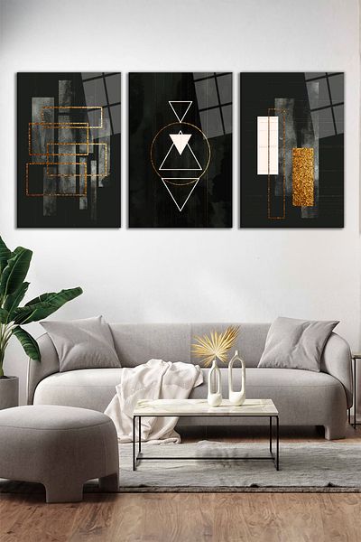 Vosevu Set de pictură din sticlă minimalistă, gri auriu abstract, 3 piese, decor modern pentru biroul de acasă, decorare de perete cadou