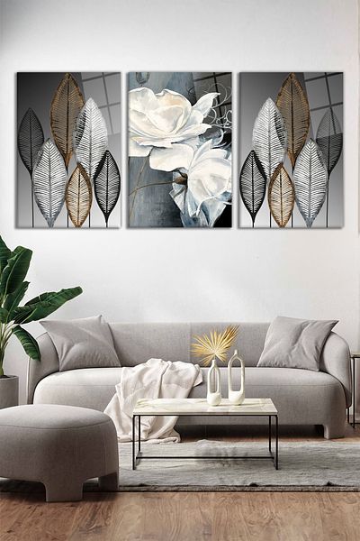 Vosevu Abstract Floral Black Grey Set of 3 Glass Paintings, Modern Home and Office Decor, Gift Wall Decoration