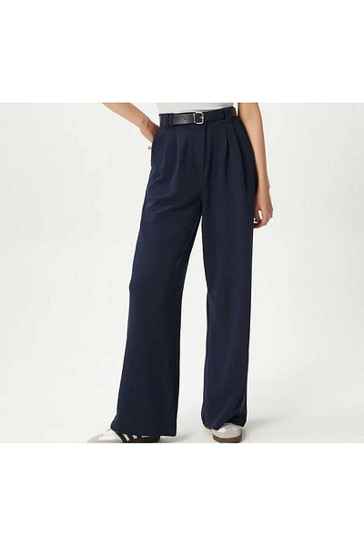 NEVEGE BUTİK Women's Licra Belt Comfortable Cut Palazzo Pants-Dark Blue