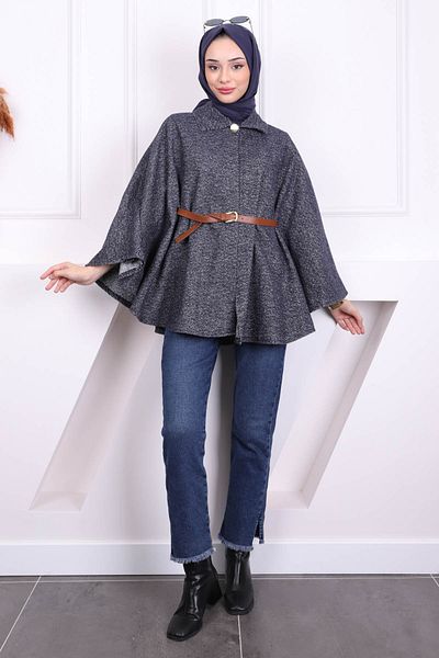 İmajButik Navy Blue Single Button Belted Poncho