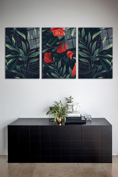 Vosevu Red Flower and Leaves 3-Piece Glass Painting Set, Modern Home and Office Decor Gift Wall Decoration