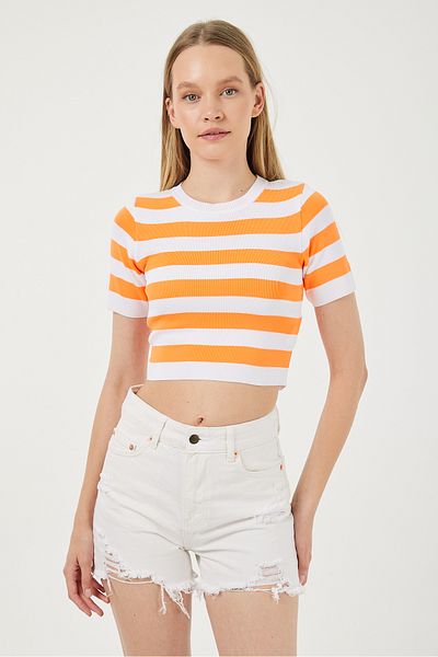 POODLE Γυναικεία Πλεκτή Μπλούζα με ριγέ Crew Neck Crop