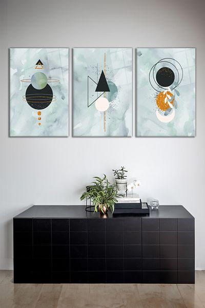 Vosevu Desene geometrice detaliate aurii Set de pictură din sticlă din 3 piese, decor modern pentru casă, decorare de perete cadou