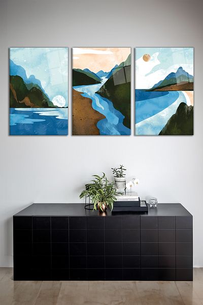 Vosevu Set de pictură pe sticlă din 3 piese cu peisaj marin de munte abstract, decor modern pentru biroul de acasă, decorare de perete cadou