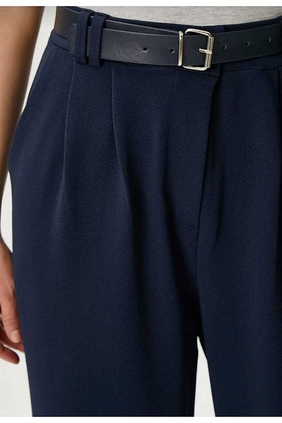 NEVEGE BUTİK Women's Licra Belt Comfortable Cut Palazzo Pants-Dark Blue