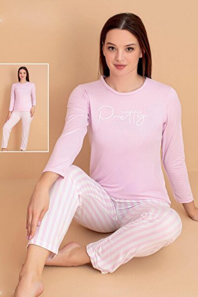 Hipo Trend Pretty Yazılı Štampano Prugasto Roza pidžama set