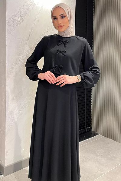 julude Μαύρη κορδέλα Λεπτομερής Φούστα Μπλούζα Hijab Διπλό Σετ