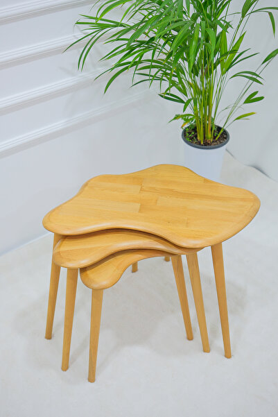 BAUPOR Doğal Ahşap Masif 3'lü Zigon Sehpa , Modern Asimetrik Iskandinav Sehpa...