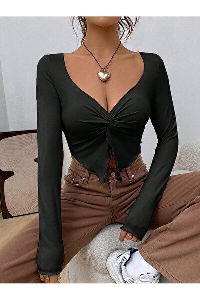 ecemore بلوزة سوداء بأكمام طويلة وملتوية من الأمام