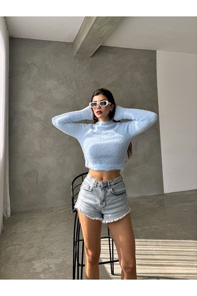 stg spor toptan giyim Pulover Crop cu blană pentru femei Baby Blue