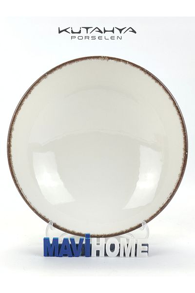 Kütahya Porselen 24 cm Cream Colored Brown Striped Deep Salad Plate - Single