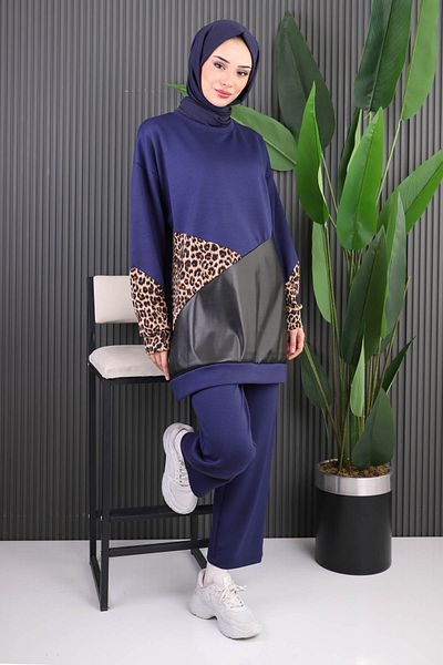 İmajButik Navy Blue Leather Garnished Modal Tunic Pants Suit