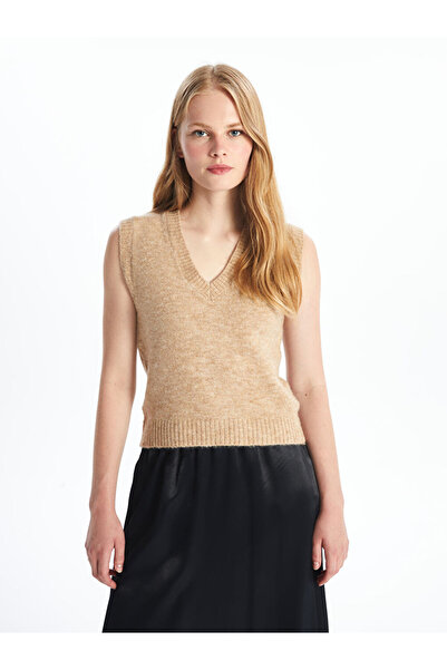 LC Waikiki LCW Vision Kahverengi Kadın V Yaka Düz Triko Süveter