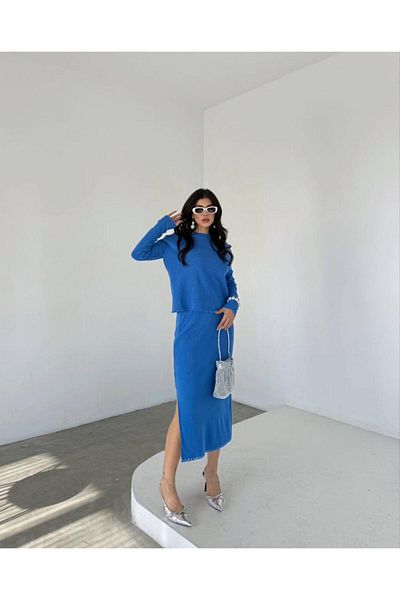 stg spor toptan giyim Women's Saksblue Ripped Knit Sweater and Skirt Split Top and Bottom Set