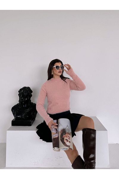 stg spor toptan giyim Women's Pink Bearded Feather Crop Sweater