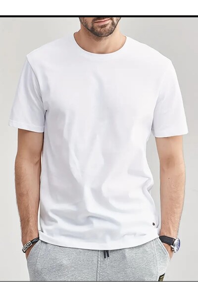 Grimm Erkek Kalın Dokulu Reguler Kalıp % 100 Pamuk Kalın Dokulu Penye Beyaz Tişört