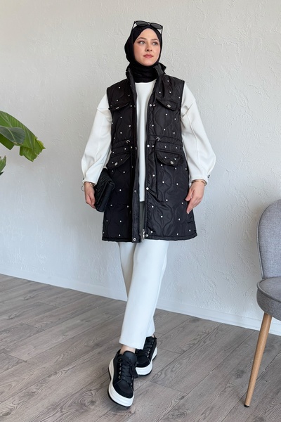 InStyle Drawstring Quilted Black Vest with Pocket Detail
