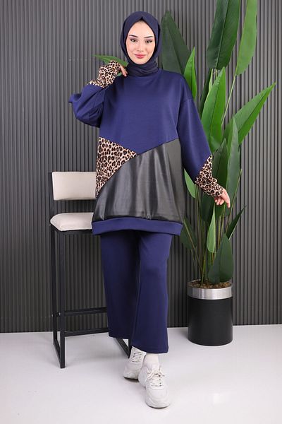 İmajButik Navy Blue Leather Garnished Modal Tunic Pants Suit