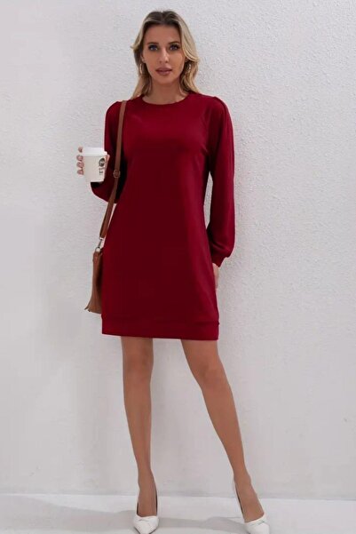 Mossta Long Sleeve Crew Neck Two Yarn Dress Red