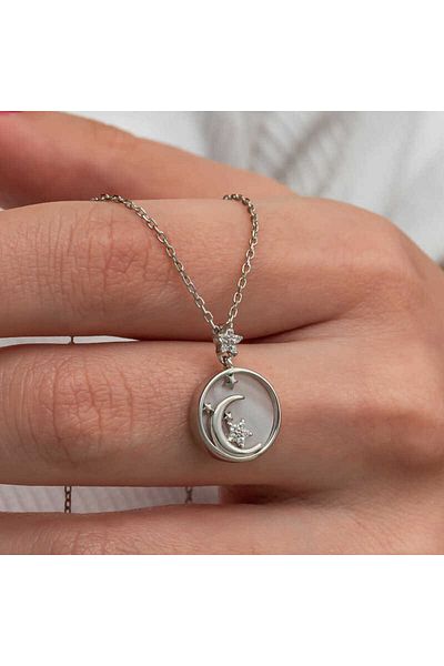 Skygo Silver Mother of Pearl Stone Moon Star Crescent Women's Necklace