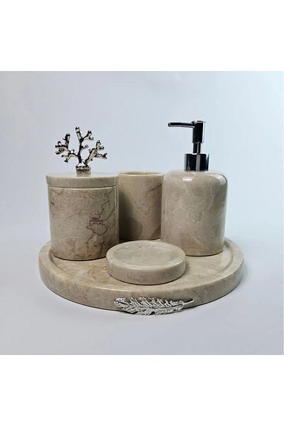 ege gross Dekorati̇F Natural Beige Marble Accessory Detailed 5-Piece Marble Bathroom Seṫ /Marble Bathroom Set