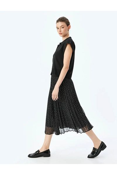 Koton Gefütterter, gepunkteter, plissierter Chiffonrock mit hoher Taille