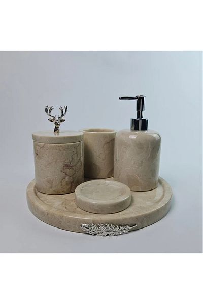 ege gross Dekorati̇F Natural Beige Marble Accessory Detailed 5-Piece Marble Bathroom Seṫ /Marble Bathroom Set
