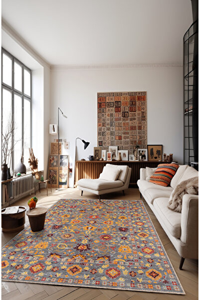 BigArts Home Gri Zemin Üzerinde Geleneksel Desenli Dijital Şönil Halı Kaymaz Taban ve Yıkanabilir