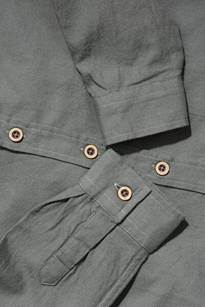 ASG TEKSTİL Haki Renk Kahve Düğmeli Uzun Kol Çocuk Gömlek