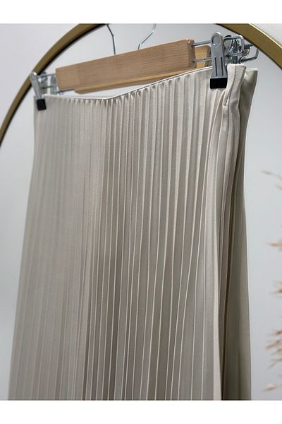Ebrar Store Stone Colored Orchid Leather Look Thin Pleated Lacquer Skirt - Ci2988
