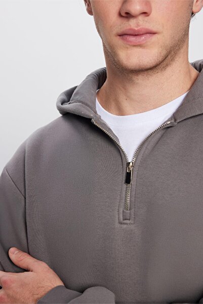 Tudors Unisex Relax Fit Relax Cut Cotton Fleece Inside Half Zipper Gray Hooded Sweatshirt