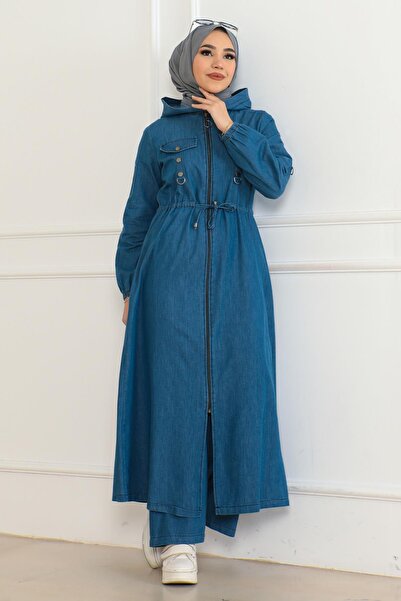 Modamihram Светлосин дънков комплект с качулка и връзки - 19235