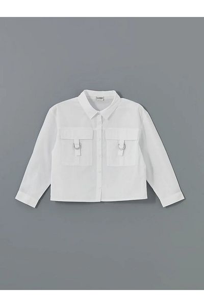 LC Waikiki Cămașă crop pentru fete LCW Kids, albă, de bază, cu mânecă lungă