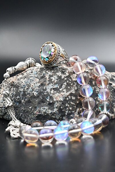 Prestige 925 Ayar Gümüş Mistik Topaz Taşlı Erkek Yüzüğü Ve 33'lük Termal Kuvars Taşlı Tesbih 901399