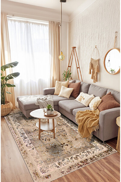 BigArts Home Bej Krem Çiçekli Madalyon Desenli Kaymaz Taban Salon Mutfak Yoll...