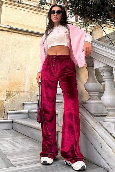 Madmext Burgundy Wide Leg Velvet Trousers Mg2283