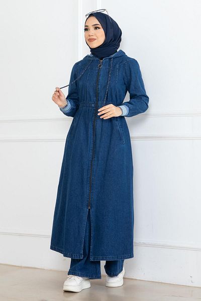 Modamihram Light Blue Hoodie and Elastic Waist Jeans Set - 19362