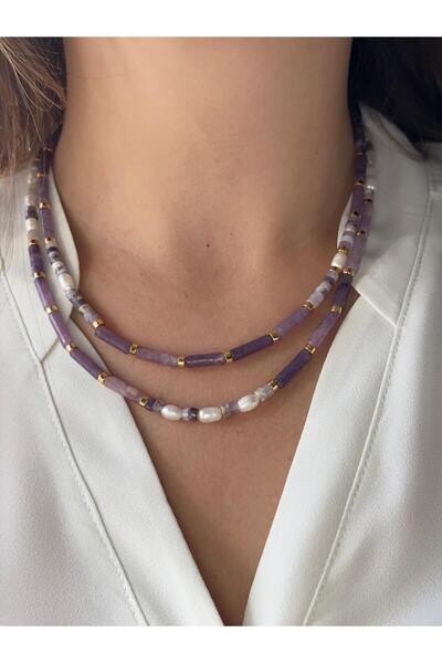 MODA Leylak Ametist Taşlı Ve Incili Kolye