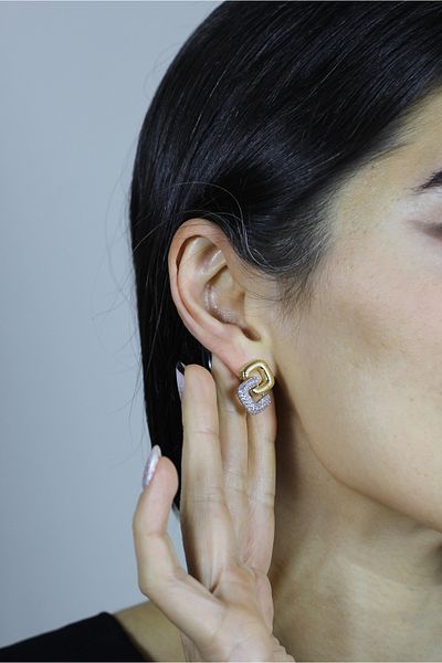 homet Gold and Silver Two-Color Bright Stones Diamond Design Brass Earrings