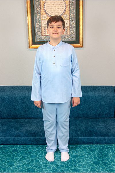 ihvanonline Boy's Hajj Umrah Half Placket Shirt Pants Set - Blue (Krk)