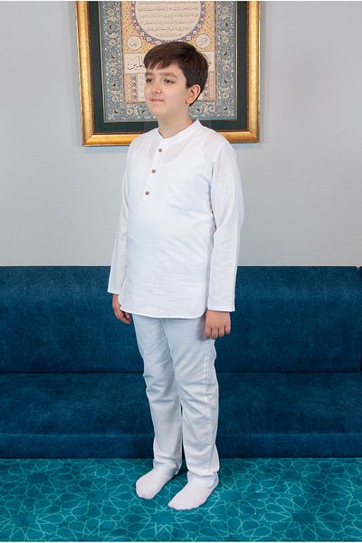 ihvanonline Boy's Hajj Umrah Half Placket Shirt Pants Set - White (Krk)