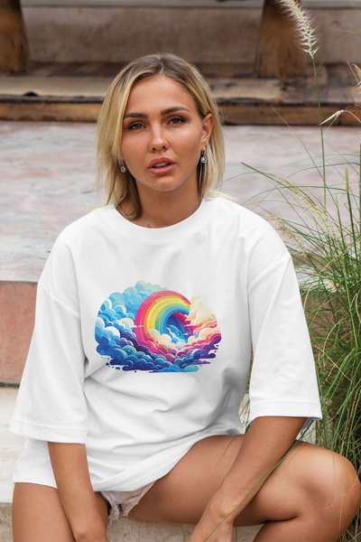 cc collection Tricou supradimensionat cu imprimeu curcubeu