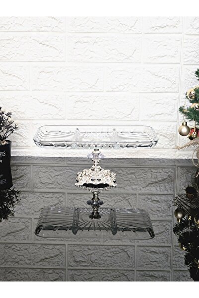 atabey home collection Presentation Skat Rectangular Plate & Service Plate with Elegance Compartment Silver Casted Legs 27 cm