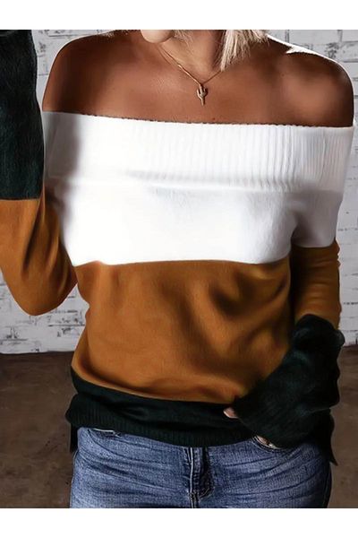 Moka Shopin Mokashopin Women's Long Sleeve Off-The-Shoulder Long Sleeve Block Striped Knitwear Blouse