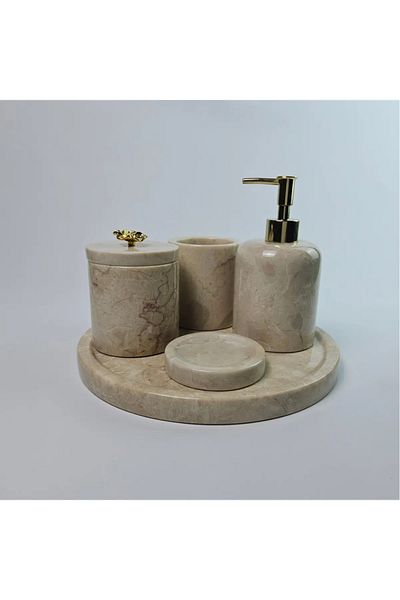 ege gross Decorative Natural Beige Marbroom Accessory 5 Pieces Marbroom Bathroom Set / Marbroom Bathroom Set