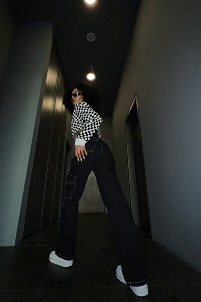 Linarose Wide Leg White Stitched Black Cargo Pocket Palazzo Jeans